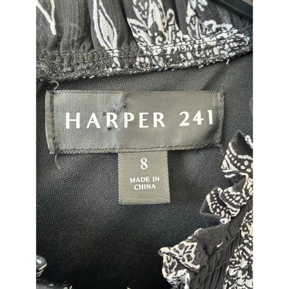 HARPER 241 Black White Floral Chiffon Mini Dress Womens Size 8 High Neck Ruffled - Picture 4 of 10
